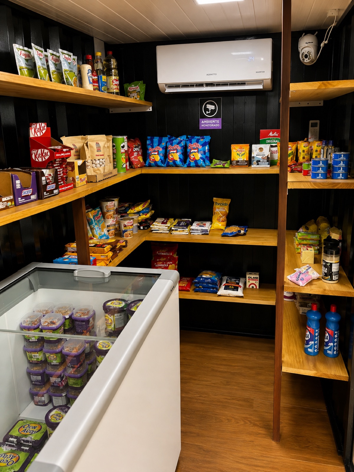 Interior do mini mercado On Market com prateleiras de alimentos e freezer