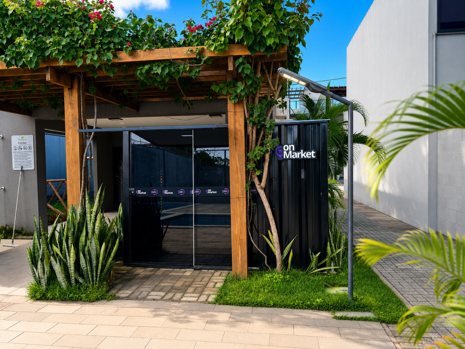 Mini mercado On Market em container, integrado à área comum de um condomínio